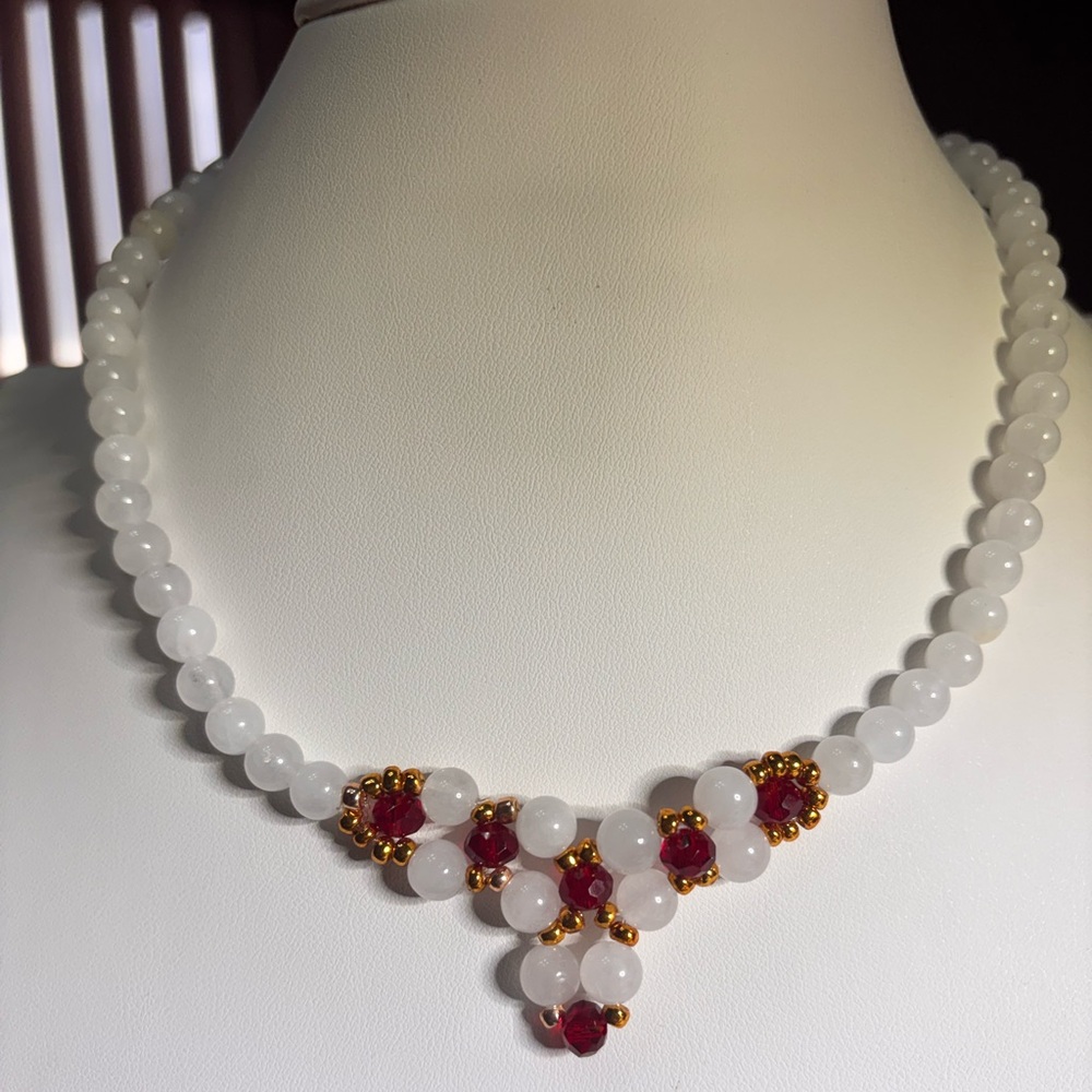 White Jade Necklace embellished with Red and Gold Beads 16 inches. - Picture 7 of 7